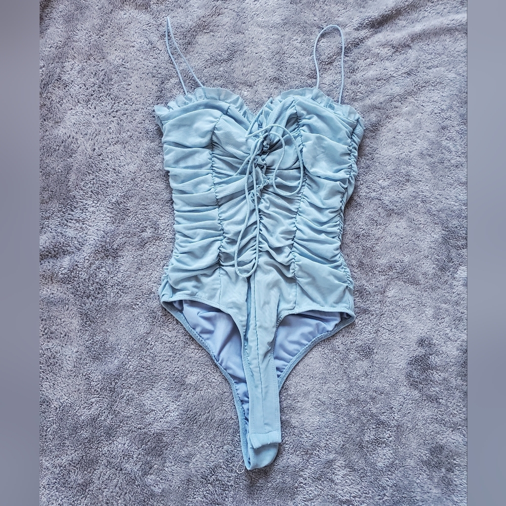 Hey Babe Women's Light Blue Sleeveless Ruched Bodysuit Size M